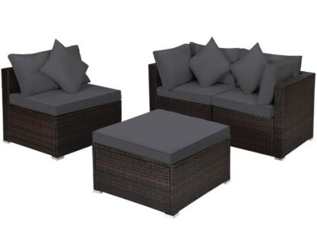 4 Pieces Ottoman Garden Patio Rattan Wicker Furniture Set with Cushion-Gray For Sale