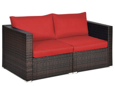 2PCS Patio Rattan Sectional Conversation Sofa Set-Red For Sale