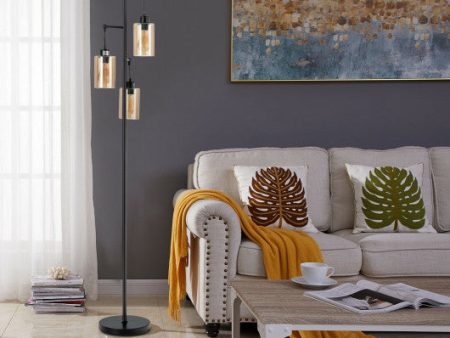 Retro Floor Lamp with 3-Head Hanging Amber Glass Shade Discount