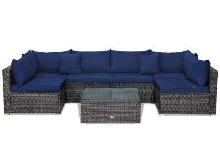 7 Pieces Patio Rattan Furniture Set Sectional Sofa Garden Cushion-Navy Online now