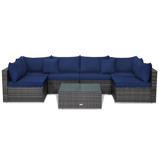 7 Pieces Patio Rattan Furniture Set Sectional Sofa Garden Cushion-Navy Online now