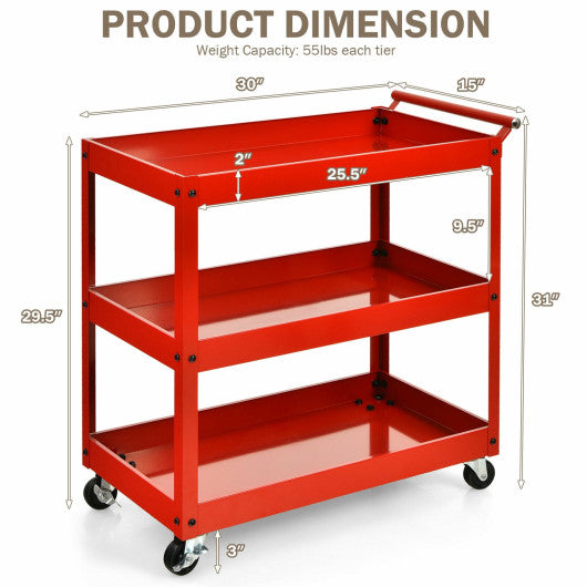 3-Tier Utility Cart Metal Mental Storage Service Trolley-Red Hot on Sale