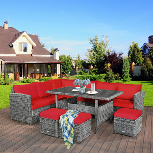 7 Pieces Patio Rattan Dining Furniture Sectional Sofa Set with Wicker Ottoman-Red Online Hot Sale