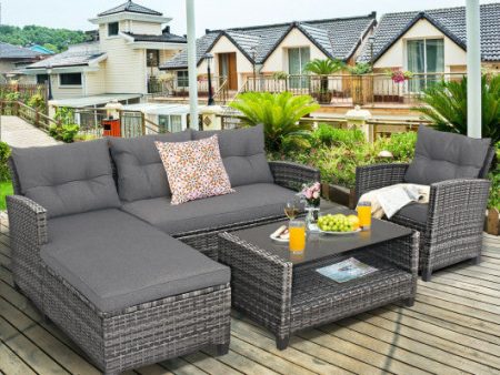 4 Pieces Patio Rattan Furniture Set with Cushion and Table Shelf-Gray Online Sale