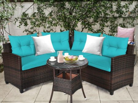 4 Pieces Outdoor Cushioned Rattan Furniture Set-Turquoise Sale