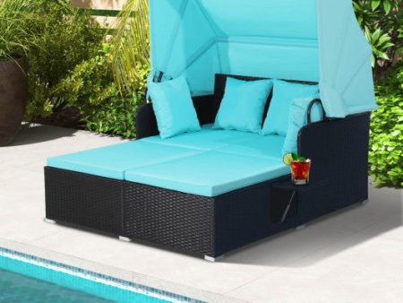 Patio Rattan Daybed with Retractable Canopy and Side Tables-Turquoise Hot on Sale