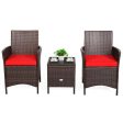 3 Pieces Patio Rattan Furniture Set Cushioned Sofa and Glass Tabletop Deck-Red on Sale