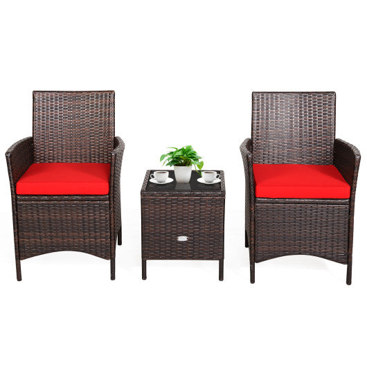 3 Pieces Patio Rattan Furniture Set Cushioned Sofa and Glass Tabletop Deck-Red on Sale