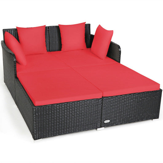 Spacious Outdoor Rattan Daybed with Upholstered Cushions and Pillows-Red Online Hot Sale