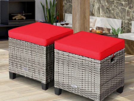 2PCS Patio Rattan Wicker Ottoman Seat with Removable Cushions-Red Hot on Sale