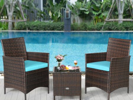 3 Pieces Patio Rattan Furniture Set Cushioned Sofa and Glass Tabletop Deck-Blue Supply