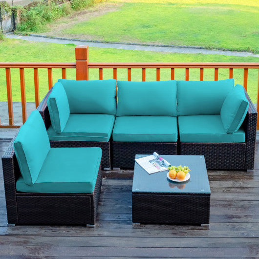 5 Pieces Cushioned Patio Rattan Furniture Set with Glass Table-Turquoise For Discount