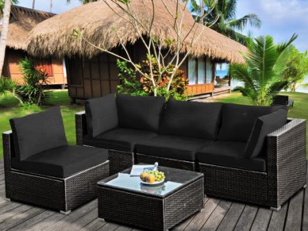 5 Pieces Cushioned Patio Rattan Furniture Set with Glass Table-Black Online now