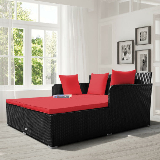 Spacious Outdoor Rattan Daybed with Upholstered Cushions and Pillows-Red Online Hot Sale