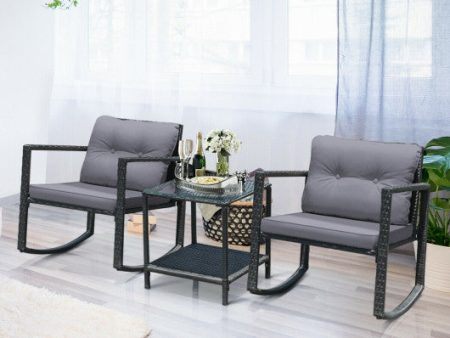 3 Pcs Cushioned Patio Rattan Set with Rocking Chair and Table-Gray Online now