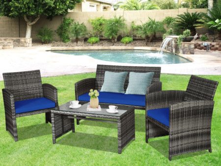 4 Pieces Patio Rattan Furniture Set with Glass Table and Loveseat-Navy Online