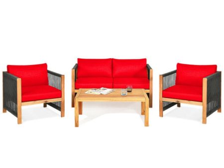 4 Pieces Acacia Wood Outdoor Patio Furniture Set with Cushions-Red Online Sale