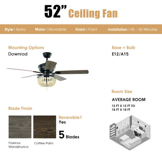 52 Inch Retro Ceiling Fan Light with Reversible Blades Remote Control-Black Fashion