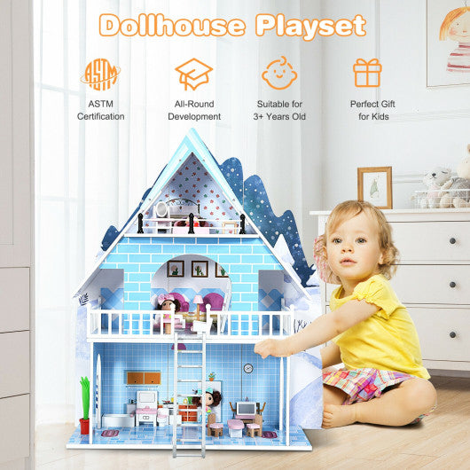 Wooden Dollhouse 3-Story Pretend Playset with Furniture and Doll Gift for Age 3+ Year For Cheap