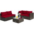 5 Pieces Cushioned Patio Rattan Furniture Set with Glass Table-Red Online Sale