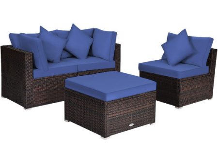 4 Pieces Ottoman Garden Patio Rattan Wicker Furniture Set with Cushion-Navy Online now