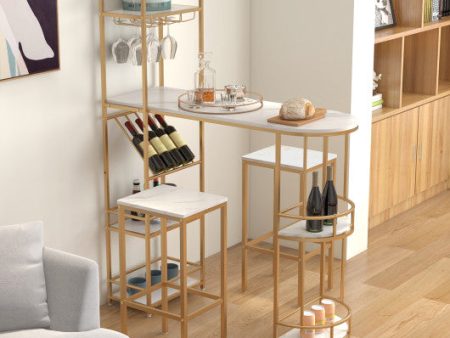 3 Pieces Bar Table Set with Storage Shelves and Wine Rack-Golden Fashion