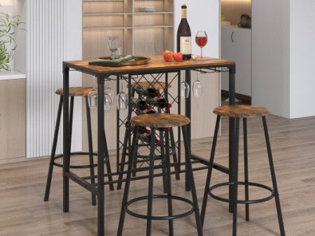 5 Pieces Bar Table and Stools Set with Wine Rack and Glass Holder-Rustic Brown Online now