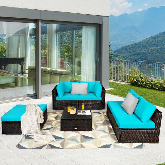 6 Pieces Outdoor Patio Rattan Furniture Set Sofa Ottoman-Turquoise Online Hot Sale