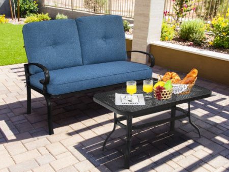 2 Pieces Patio Loveseat Bench Table Furniture Set with Cushioned Chair-Blue Online Hot Sale