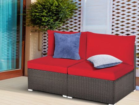 2 Pieces Patio Rattan Armless Sofa Set with 2 Cushions and 2 Pillows-Red Discount