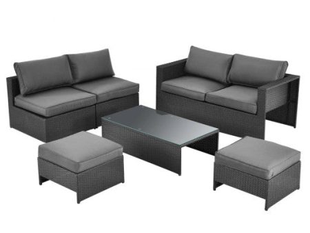 6 Pieces Patio Rattan Furniture Set with Glass Table and Cushioned Seat-Gray Hot on Sale