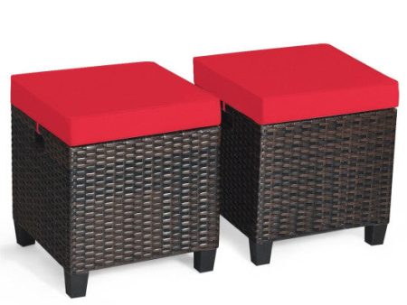 2 Pieces Patio Rattan Ottoman Set with Removable Cushions-Red Online Sale