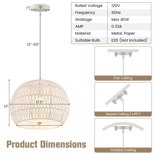 Round Farmhouse Rattan Pendant Lights with Adjustable Hanging Rope-Beige Fashion