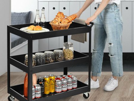 3-Tier Utility Cart Metal Mental Storage Service Trolley-Black For Sale