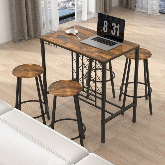 5 Pieces Bar Table and Stools Set with Wine Rack and Glass Holder-Rustic Brown Online now