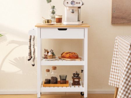 3-Tier Kitchen Island Cart Rolling Service Trolley with Bamboo Top-White Online Sale