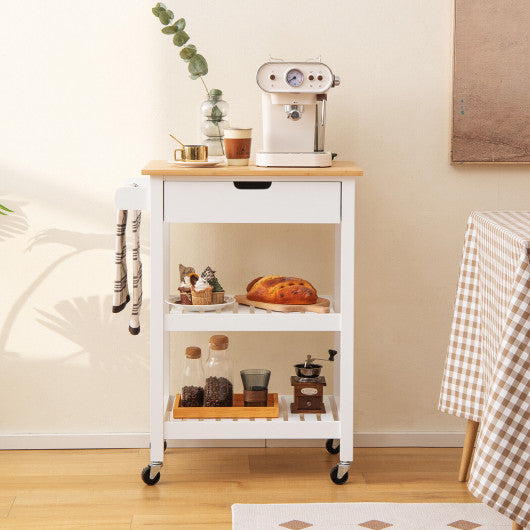 3-Tier Kitchen Island Cart Rolling Service Trolley with Bamboo Top-White Online Sale