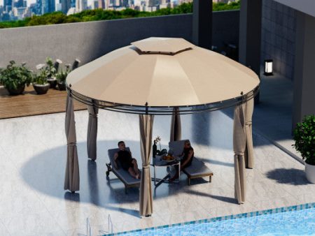 11.5 ft Outdoor Patio Round Dome Gazebo Canopy Shelter with Double Roof Steel-Brown Discount