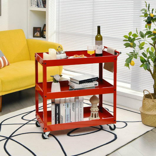 3-Tier Utility Cart Metal Mental Storage Service Trolley-Red Hot on Sale