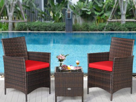 3 Pieces Patio Rattan Furniture Set Cushioned Sofa and Glass Tabletop Deck-Red on Sale