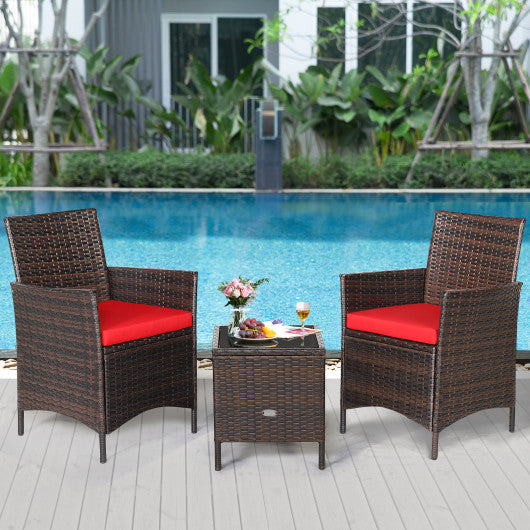 3 Pieces Patio Rattan Furniture Set Cushioned Sofa and Glass Tabletop Deck-Red on Sale