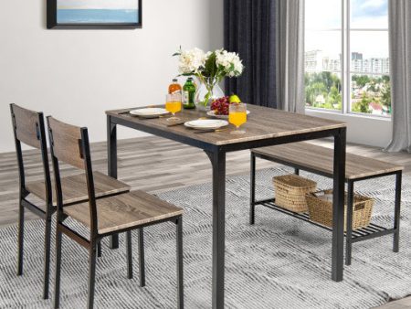 4 Pieces Rustic Dining Table Set with 2 Chairs and Bench-Gray For Sale