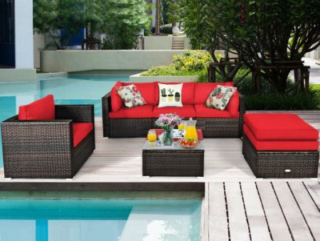 6 Pcs Patio Rattan Furniture Set with Sectional Cushion-Red Online Sale