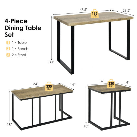 4 Pieces Industrial Dinette Set with Bench and 2 Stools-Oak For Cheap