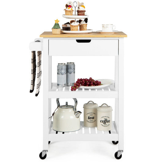 3-Tier Kitchen Island Cart Rolling Service Trolley with Bamboo Top-White Online Sale