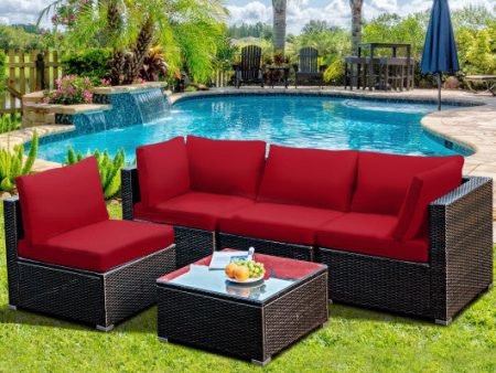 5 Pieces Cushioned Patio Rattan Furniture Set with Glass Table-Red Online Sale