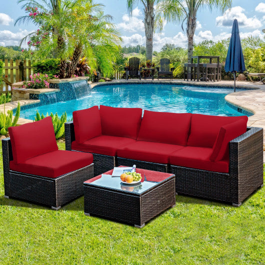 5 Pieces Cushioned Patio Rattan Furniture Set with Glass Table-Red Online Sale