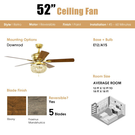 52 Inch Retro Ceiling Fan Light with Reversible Blades Remote Control-Golden For Sale