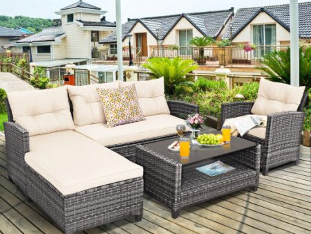 4 Pieces Patio Rattan Furniture Set with Cushion and Table Shelf-Off White For Discount