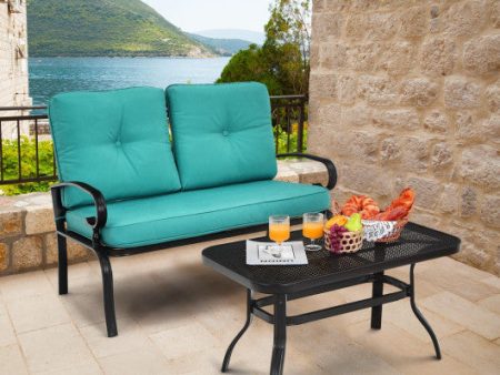 2PCS Patio Loveseat Bench Table Furniture Set with Cushioned Chair-Turquoise on Sale